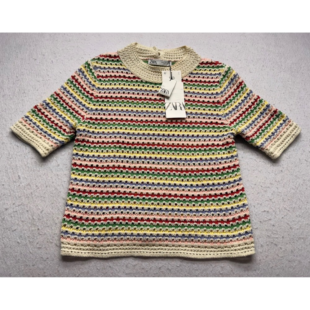 Zara Womens Multicolor Striped Crochet Knit Top Short Sleeve Mock Neck Medium M